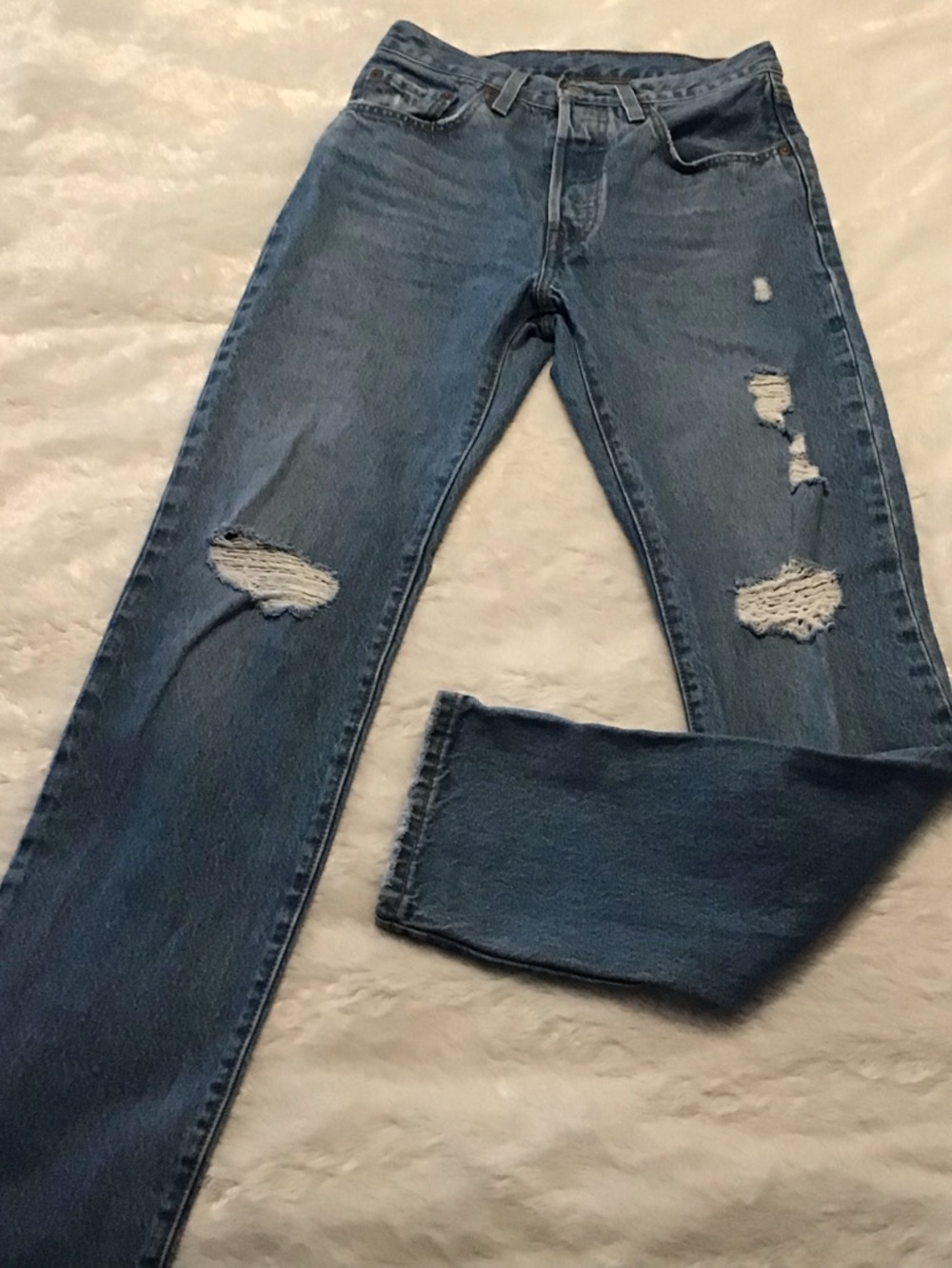 Women’s Levi’s 501 Jeans. Button-fly, distressed. Size 26 x 32L